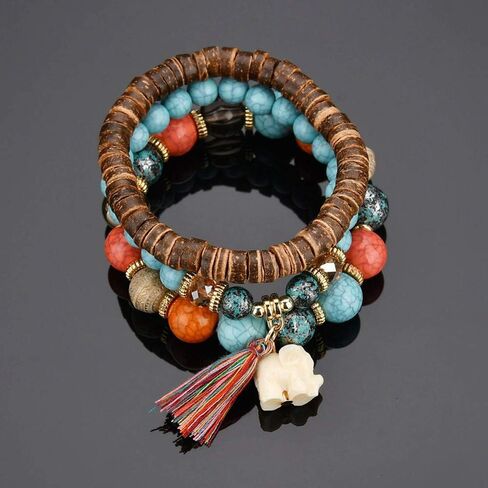 Hithop Bohemian Wood Beaded Bracelets & Bangles For Women Ethnic Tassel Elephant Multilayer Bracelet Charm Pulseiras Bijoux Candy Color Creative Gift Home Christmas Decor Clearance (Blue) in Saudi Arabia