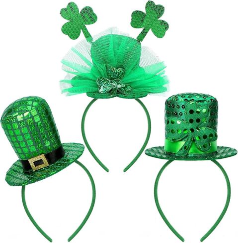 3Pcs St Patricks Day Headband, Green Shamrock Leprechaun Hat Hair Accessories Set for Women, Mini Top Hat Headband for St Patricks Day Accessories and Themed Parties in Saudi Arabia