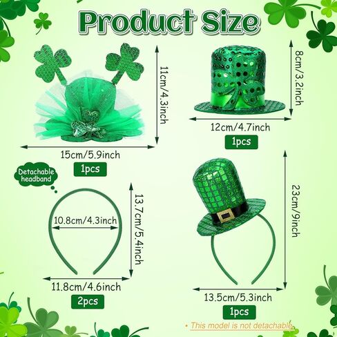 3Pcs St Patricks Day Headband, Green Shamrock Leprechaun Hat Hair Accessories Set for Women, Mini Top Hat Headband for St Patricks Day Accessories and Themed Parties in Saudi Arabia
