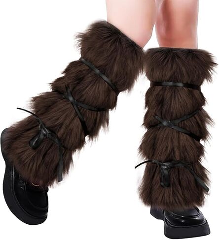 Faux Fur Leg Warmers with Strap Fuzzy Plush Winter Boots Heels Cuff Cover Sleeves Carnival Halloween Viking Costume in Saudi Arabia