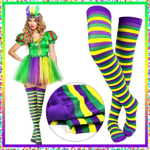 Mardi Gras Socks for Women Purple Gold Green Striped Knee Socks Knee for Girls Mardi Gras Costume Accessories in Kuwait