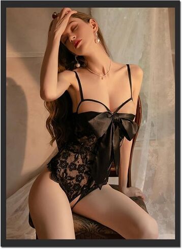 Women Sexy Floral Lace Bodysuit – Self-Knot Front Teddy Babydoll Lingerie - BLACK in Saudi Arabia