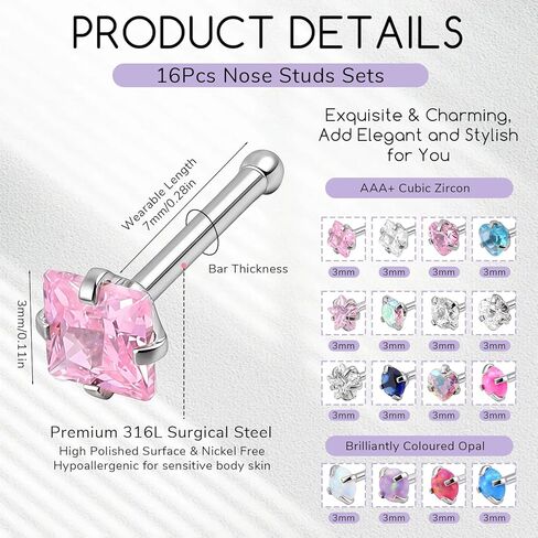 16PCS Silver Nose Rings Studs - 3mm Nose Studs for Women 20G Noses Piercing Jewelry - Stainless Steel in Kuwait