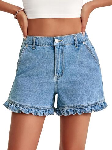Aoysky Womens Summer Ruffle Denim Shorts Cute High Waisted Cotton Short Jeans with Pockets in Saudi Arabia