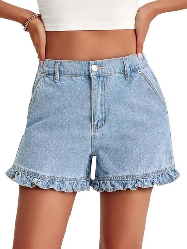 Aoysky Womens Summer Ruffle Denim Shorts Cute High Waisted Cotton Short Jeans with Pockets in Saudi Arabia