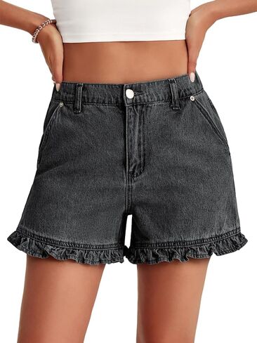 Aoysky Womens Summer Ruffle Denim Shorts Cute High Waisted Cotton Short Jeans with Pockets in Saudi Arabia