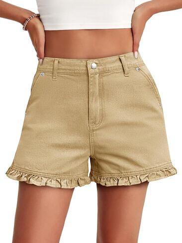 Aoysky Womens Summer Ruffle Denim Shorts Cute High Waisted Cotton Short Jeans with Pockets in Saudi Arabia