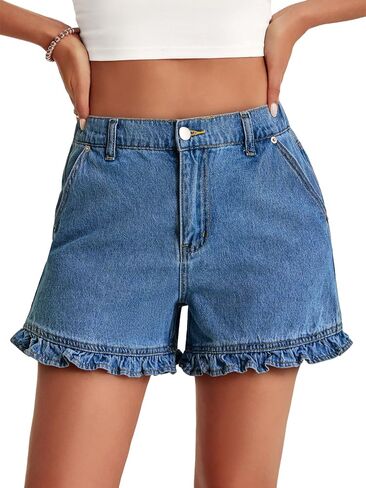 Aoysky Womens Summer Ruffle Denim Shorts Cute High Waisted Cotton Short Jeans with Pockets in Saudi Arabia