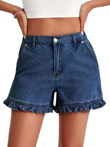 Aoysky Womens Summer Ruffle Denim Shorts Cute High Waisted Cotton Short Jeans with Pockets in Saudi Arabia
