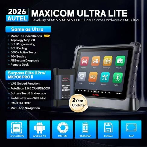 الماسح الضوئي Autel MaxiCom Ultra Lite، تحديثات مجانية لمدة عامين، مثل MaxiSys Ultra، 2026 Up of MS919 MS909 MS906 Elite II Pro، Topology 2.0، إصلاح Motor TruSpeed، أكثر من 40 خدمة، نصائح إصلاح، FCA SGW، in Kuwait