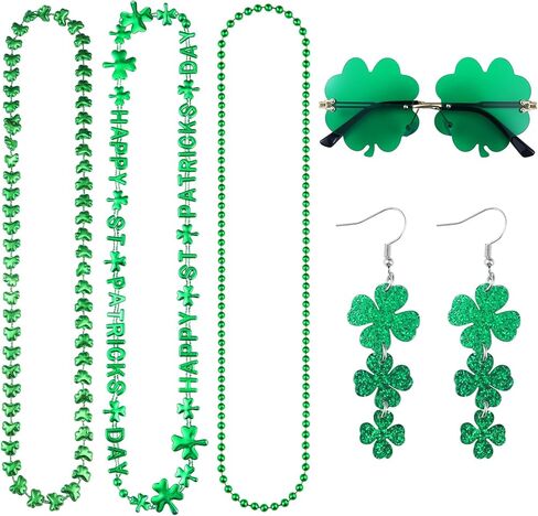 Giovanchi 6pcs St Patricks Day Accessories Party Favors Set - Irish Shamrock Earrings Beads Necklaces Glasses for Womens Mens in Kuwait