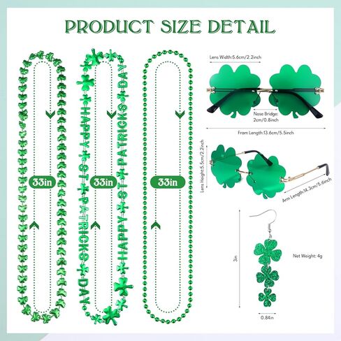 Giovanchi 6pcs St Patricks Day Accessories Party Favors Set - Irish Shamrock Earrings Beads Necklaces Glasses for Womens Mens in Kuwait