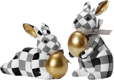 WDS WONDROUS Easter Decorations Bunny Figurines Set, Slate Blue White Checkerboard with Gold Egg & Blue Bow - Vintage Luxury Resin Home Decor for Mantel, Shelf, Office Spring Wedding Gift in Saudi Arabia