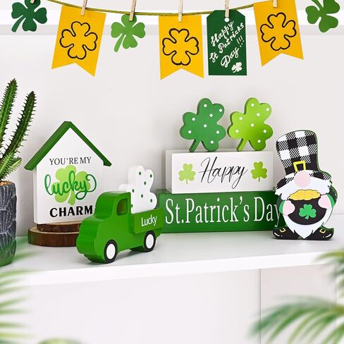 زخارف يوم القديس باتريك من ASPMIZ، زخارف شامروك للشاحنة الخضراء مع علامة كتلة خشبية جنوم، ديكور يوم القديس باتريك لصينية متدرجة، عباءة، مكتب، رف الكتب، ديكور خشبي ريفي للمزرعة، هدية in Kuwait