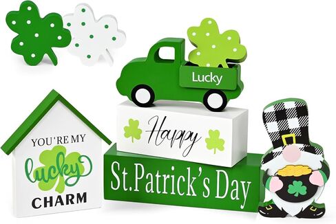 زخارف يوم القديس باتريك من ASPMIZ، زخارف شامروك للشاحنة الخضراء مع علامة كتلة خشبية جنوم، ديكور يوم القديس باتريك لصينية متدرجة، عباءة، مكتب، رف الكتب، ديكور خشبي ريفي للمزرعة، هدية in Kuwait