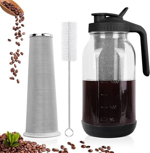 Cold Brew Coffee Maker, 32oz Cold Brew Pitcher with Stainless Steel Super Dense Filter, Durable Glass, BPA Free Sturdy Mason jar, for Iced Brew Coffee, Lemonade, Homemade Fruit Drinks Container in Saudi Arabia