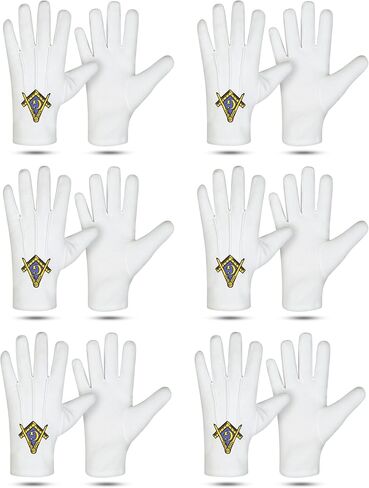 زوج من القفازات الماسونية الفاخرة القابلة للتنفس - زوج من القفازات البيضاء المصنوعة من القطن بنسبة 100% مع شعار مربع وبوصلة "G" مطرز - أزواج قفازات الماسونية الأصلية الرسمية - مجموعة من 6 أزواج حزمة قيمة in Kuwait