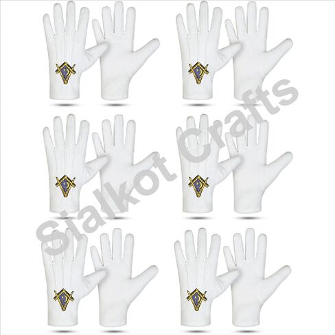 زوج من القفازات الماسونية الفاخرة القابلة للتنفس - زوج من القفازات البيضاء المصنوعة من القطن بنسبة 100% مع شعار مربع وبوصلة "G" مطرز - أزواج قفازات الماسونية الأصلية الرسمية - مجموعة من 6 أزواج حزمة قيمة in Kuwait