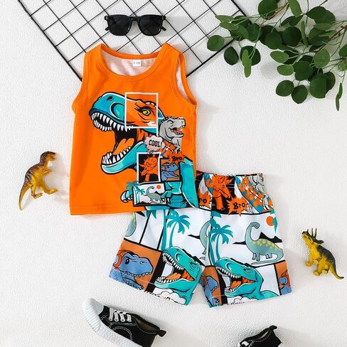 2-Piece Sleeveless Dinosaur Tank Top & Shorts Set, Summer Lightweight Casual Outfit for Boys, Fun Cartoon Dino Print Clothing in Saudi Arabia