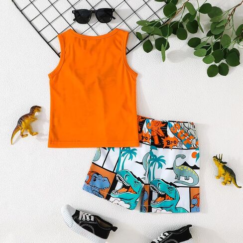 2-Piece Sleeveless Dinosaur Tank Top & Shorts Set, Summer Lightweight Casual Outfit for Boys, Fun Cartoon Dino Print Clothing in Saudi Arabia