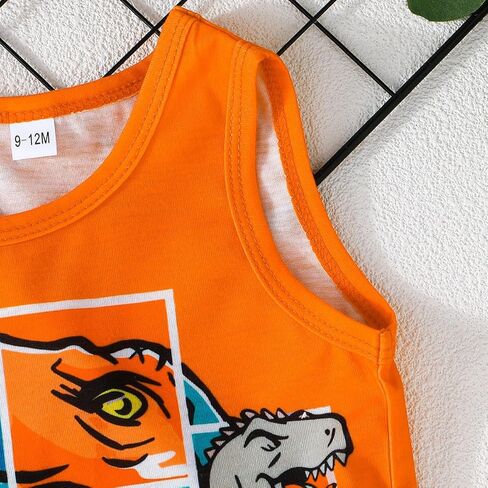 2-Piece Sleeveless Dinosaur Tank Top & Shorts Set, Summer Lightweight Casual Outfit for Boys, Fun Cartoon Dino Print Clothing in Saudi Arabia