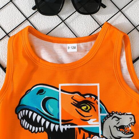 2-Piece Sleeveless Dinosaur Tank Top & Shorts Set, Summer Lightweight Casual Outfit for Boys, Fun Cartoon Dino Print Clothing in Saudi Arabia