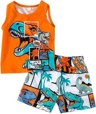 2-Piece Sleeveless Dinosaur Tank Top & Shorts Set, Summer Lightweight Casual Outfit for Boys, Fun Cartoon Dino Print Clothing in Saudi Arabia