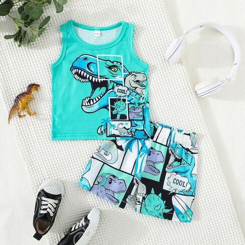 2-Piece Sleeveless Dinosaur Tank Top & Shorts Set, Summer Lightweight Casual Outfit for Boys, Fun Cartoon Dino Print Clothing in Saudi Arabia
