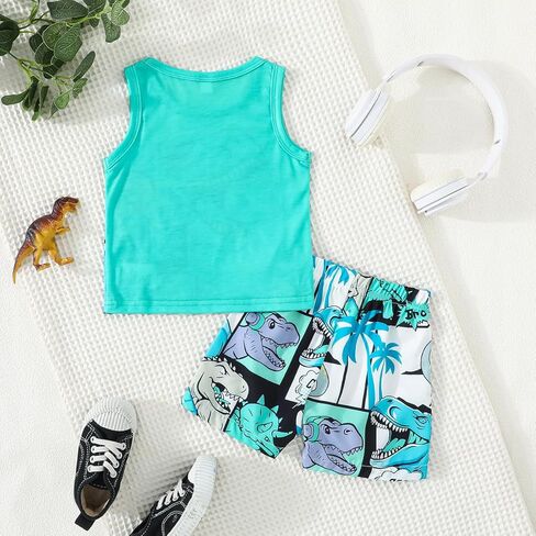 2-Piece Sleeveless Dinosaur Tank Top & Shorts Set, Summer Lightweight Casual Outfit for Boys, Fun Cartoon Dino Print Clothing in Saudi Arabia
