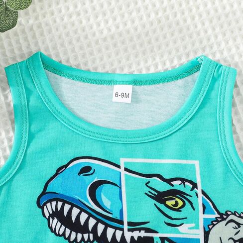 2-Piece Sleeveless Dinosaur Tank Top & Shorts Set, Summer Lightweight Casual Outfit for Boys, Fun Cartoon Dino Print Clothing in Saudi Arabia