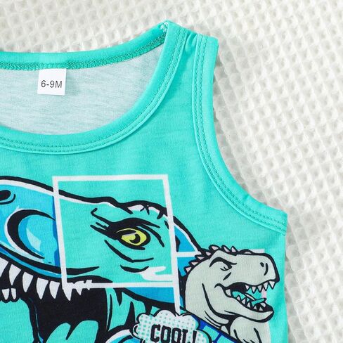 2-Piece Sleeveless Dinosaur Tank Top & Shorts Set, Summer Lightweight Casual Outfit for Boys, Fun Cartoon Dino Print Clothing in Saudi Arabia