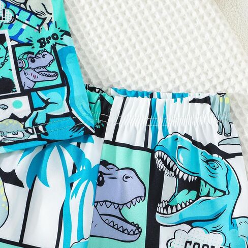 2-Piece Sleeveless Dinosaur Tank Top & Shorts Set, Summer Lightweight Casual Outfit for Boys, Fun Cartoon Dino Print Clothing in Saudi Arabia