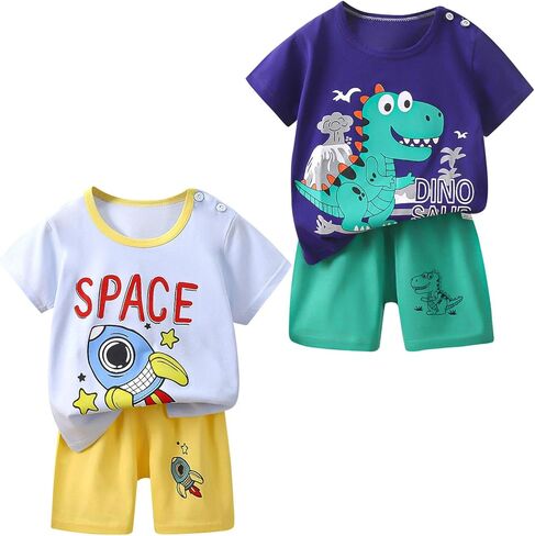Boys' Short Sleeve T-Shirt and Short Outfit Set Size 1-7 Years Toddler Boys' Dinosaur Print Cotton Summer Outfits Sets in Saudi Arabia