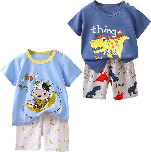 Boys' Short Sleeve T-Shirt and Short Outfit Set Size 1-7 Years Toddler Boys' Dinosaur Print Cotton Summer Outfits Sets in Saudi Arabia