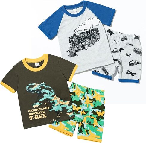 Boys' Short Sleeve T-Shirt and Short Outfit Set Size 1-7 Years Toddler Boys' Dinosaur Print Cotton Summer Outfits Sets in Saudi Arabia