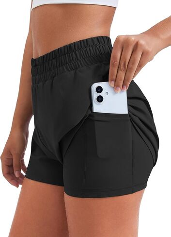 PINSPARK Women's 2 in 1 Running Shorts Quick Dry 2.5" Athletic Shorts High Waisted Workout Shorts with 4 Pockets in Saudi Arabia