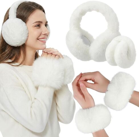 Liitrsh 2 Pieces Winter Faux Fur Earmuffs and Cuffs Set White Foldable Warm Plush Earmuffs & Fuzzy Wrist Warmers Ear Arm Accessories for Women, Gift for Cold Weather, Skiing, Lunar New Year in Saudi Arabia