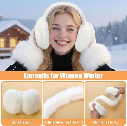 Liitrsh 2 Pieces Winter Faux Fur Earmuffs and Cuffs Set White Foldable Warm Plush Earmuffs & Fuzzy Wrist Warmers Ear Arm Accessories for Women, Gift for Cold Weather, Skiing, Lunar New Year in Saudi Arabia