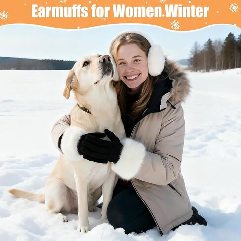 Liitrsh 2 Pieces Winter Faux Fur Earmuffs and Cuffs Set White Foldable Warm Plush Earmuffs & Fuzzy Wrist Warmers Ear Arm Accessories for Women, Gift for Cold Weather, Skiing, Lunar New Year in Saudi Arabia