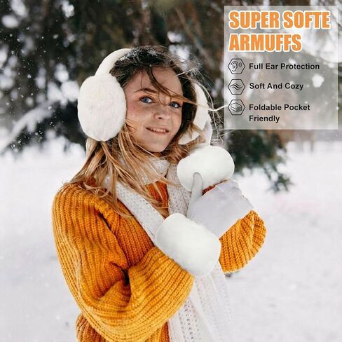 Liitrsh 2 Pieces Winter Faux Fur Earmuffs and Cuffs Set White Foldable Warm Plush Earmuffs & Fuzzy Wrist Warmers Ear Arm Accessories for Women, Gift for Cold Weather, Skiing, Lunar New Year in Saudi Arabia