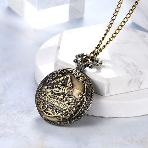 JewelryWe Men Women Pocket Watch: Gold/Silver Tone Vintage FOB Watches Train Necklace Pendant Watch with Chain for Valentine's Day in Saudi Arabia