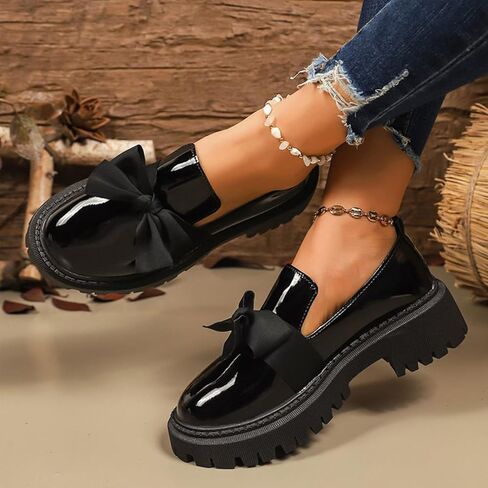 Women's Patent Leather Chunky Heel Bow Loafers Elegant Round Toe Platform Non-Slip Lug Sole Casual Dress Shoes for Business Office Work Everyday Wear in Saudi Arabia