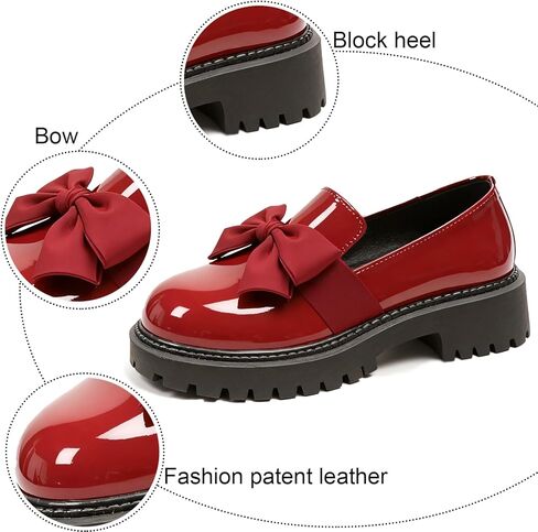 Women's Patent Leather Chunky Heel Bow Loafers Elegant Round Toe Platform Non-Slip Lug Sole Casual Dress Shoes for Business Office Work Everyday Wear in Saudi Arabia
