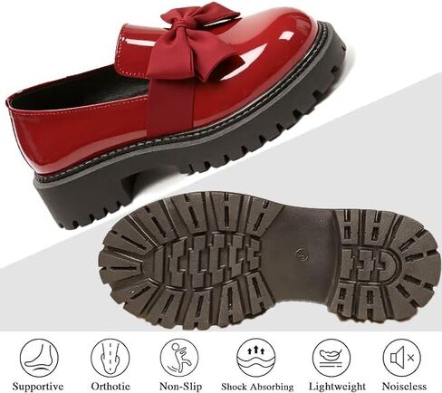 Women's Patent Leather Chunky Heel Bow Loafers Elegant Round Toe Platform Non-Slip Lug Sole Casual Dress Shoes for Business Office Work Everyday Wear in Saudi Arabia