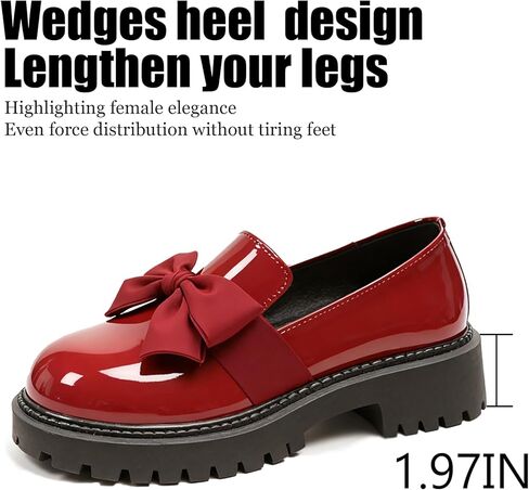 Women's Patent Leather Chunky Heel Bow Loafers Elegant Round Toe Platform Non-Slip Lug Sole Casual Dress Shoes for Business Office Work Everyday Wear in Saudi Arabia