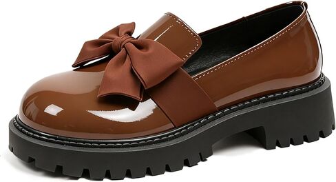 Women's Patent Leather Chunky Heel Bow Loafers Elegant Round Toe Platform Non-Slip Lug Sole Casual Dress Shoes for Business Office Work Everyday Wear in Saudi Arabia