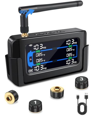 【Limited】 Metal Sensor RV Tire Pressure Monitoring System TPMS Tire Pressure Monitor System RV Trailer 4 Sensors 130PSI Signal Booster Antenna 33ft Solar/USB Charging for Travel Truck Color Display in Kuwait