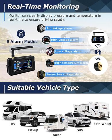 【Limited】 Metal Sensor RV Tire Pressure Monitoring System TPMS Tire Pressure Monitor System RV Trailer 4 Sensors 130PSI Signal Booster Antenna 33ft Solar/USB Charging for Travel Truck Color Display in Kuwait
