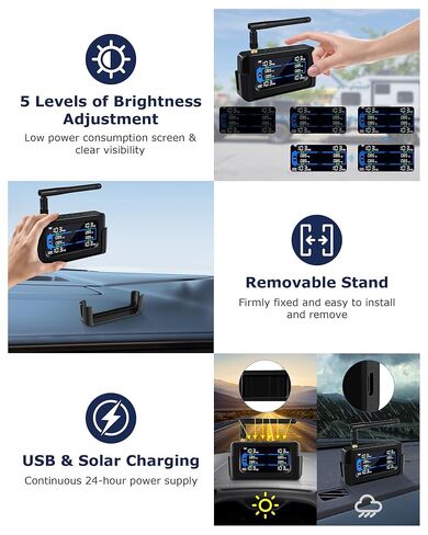 【Limited】 Metal Sensor RV Tire Pressure Monitoring System TPMS Tire Pressure Monitor System RV Trailer 4 Sensors 130PSI Signal Booster Antenna 33ft Solar/USB Charging for Travel Truck Color Display in Kuwait