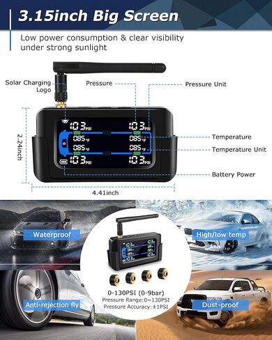 【Limited】 Metal Sensor RV Tire Pressure Monitoring System TPMS Tire Pressure Monitor System RV Trailer 4 Sensors 130PSI Signal Booster Antenna 33ft Solar/USB Charging for Travel Truck Color Display in Kuwait